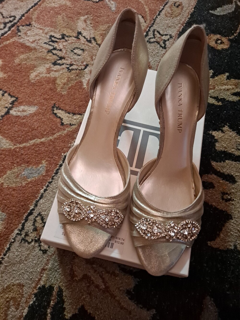 Ivanka Trump Metallic Gold Open-Toe Heels with Crystal Accent